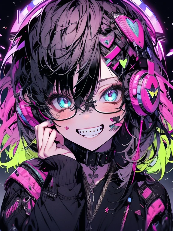 Highest quality,Highest Resolution,１People Women,sexy,Vibrant colors,Very beautiful eyes,Big Breasts,whole body,Glasses,Black Hair,Neon color,Grin