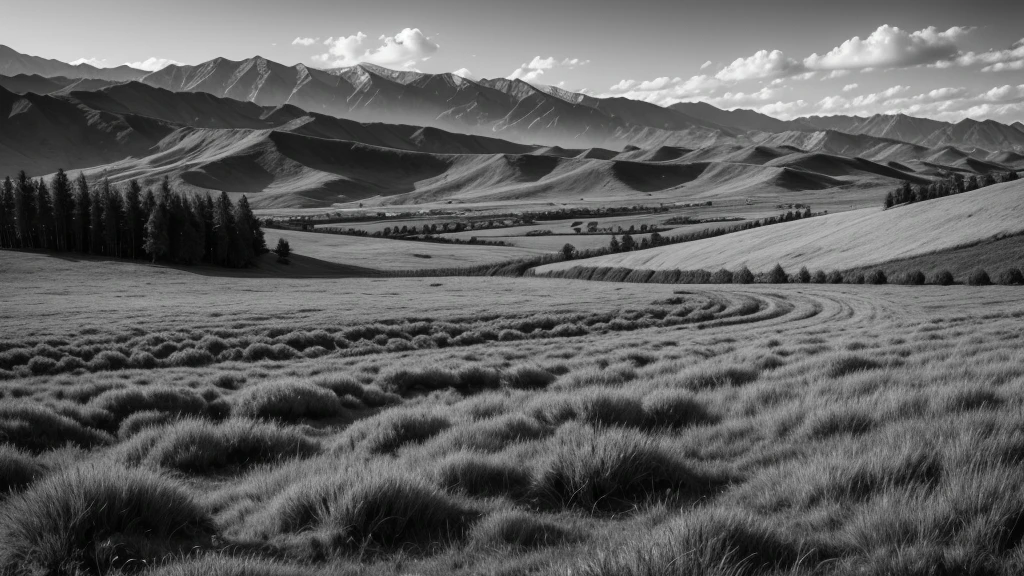 Tundras in green fields in black and white