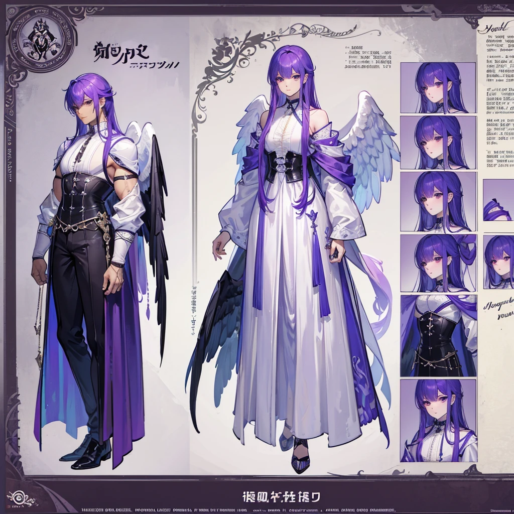 (Masterpiece, Highest quality), (Masterpiece, best quality), detailed, 1 Male, (character concept art), (character design sheet, same character, front, side, back), (masterpiece), (((best quality))), (character design sheet, same character, front, side, back), 1 Male, 1 Man, Detailed face, character design sheet,full bodyesbian, Highly detailed, character sheet, character design, Many parts, dark skin, angel wings, short purple hair, angel outfit, masculine, muscle man, male muscle, manly male, manly man, male angel, manly angel, Muscle male with purple short hair,handsome man, male angel , man tall