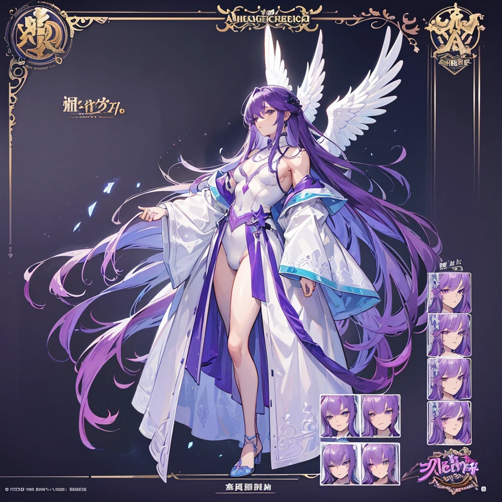 (Masterpiece, best quality), detailed, 1 man, ((character concept art)), ((character design sheet, same character, front, side, back)), full body, body complete, 1 Male angel, 1 Man angel, Detailed face, character design sheet,full bodyesbian, Highly detailed, character sheet, character design, Many parts, dark skin, angel wings, long purple hair, angel outfit, muscle male god, male clothes, masculine, muscle man, male muscle, manly, male angel, Muscle male with long purple hair,beautiful man, beautiful muscle man