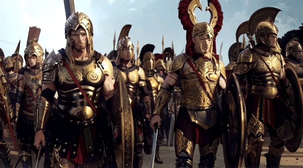 a group of greek warriors, greek armor, sandals, blonde hair,