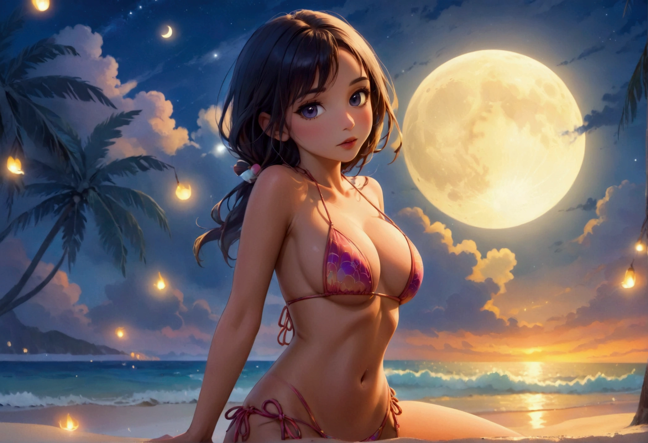 A cute woman, string bikini, sexy poses on moonlit beach