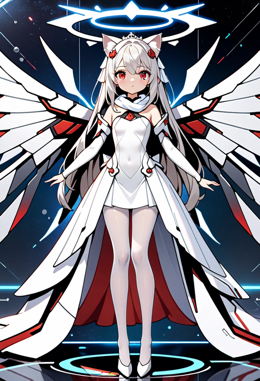 masterpiece, highest quality, highest resolution, clear_image, detailed details, White hair, long hair, cat ears, 1 girl, red eyes, imperial wedding dress, white pantyhose, white scarf (around the neck), gray futuristic halo, futuristic wings, cute, full body, no water marks, laboratory, no extra limps, no extra body