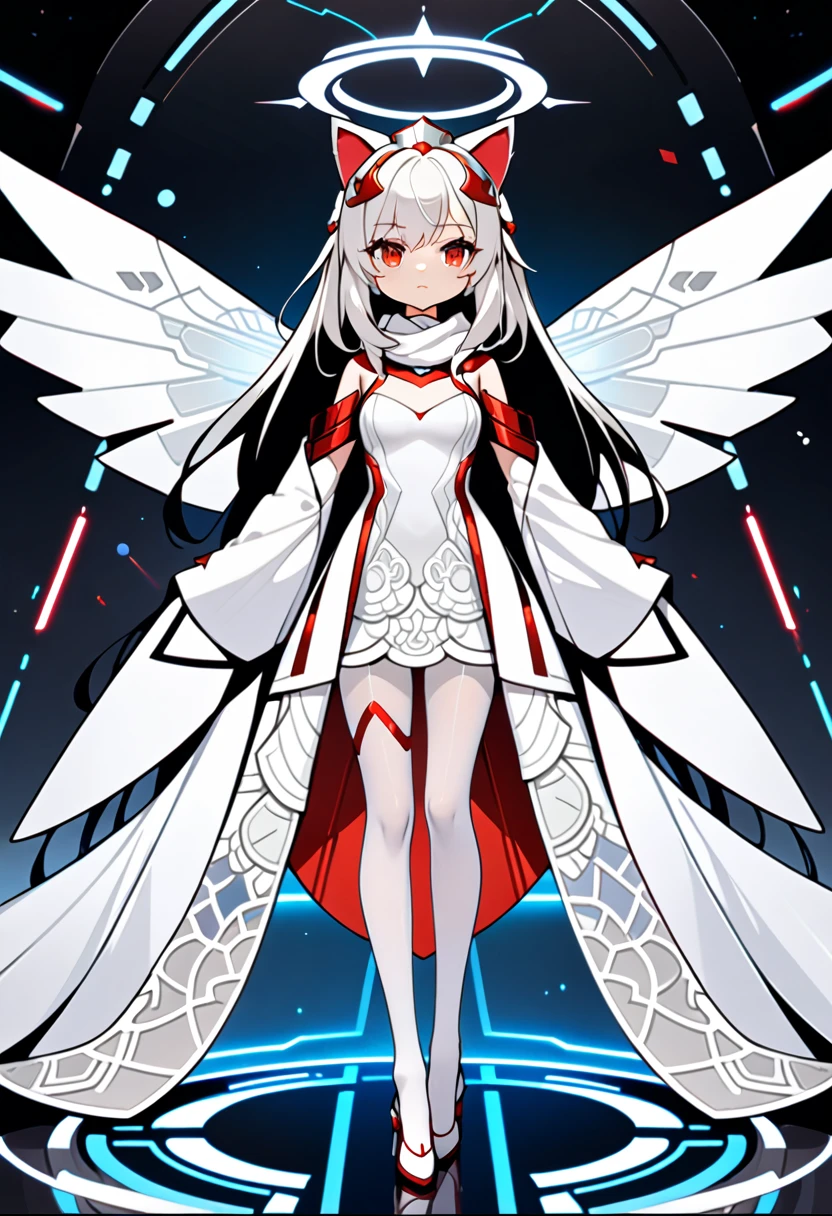 masterpiece, highest quality, highest resolution, clear_image, detailed details, White hair, long hair, cat ears, 1 girl, red eyes, imperial wedding dress, white pantyhose, white scarf (around the neck), gray futuristic halo, futuristic wings, cute, full body, no water marks, laboratory, no extra limps, no extra body