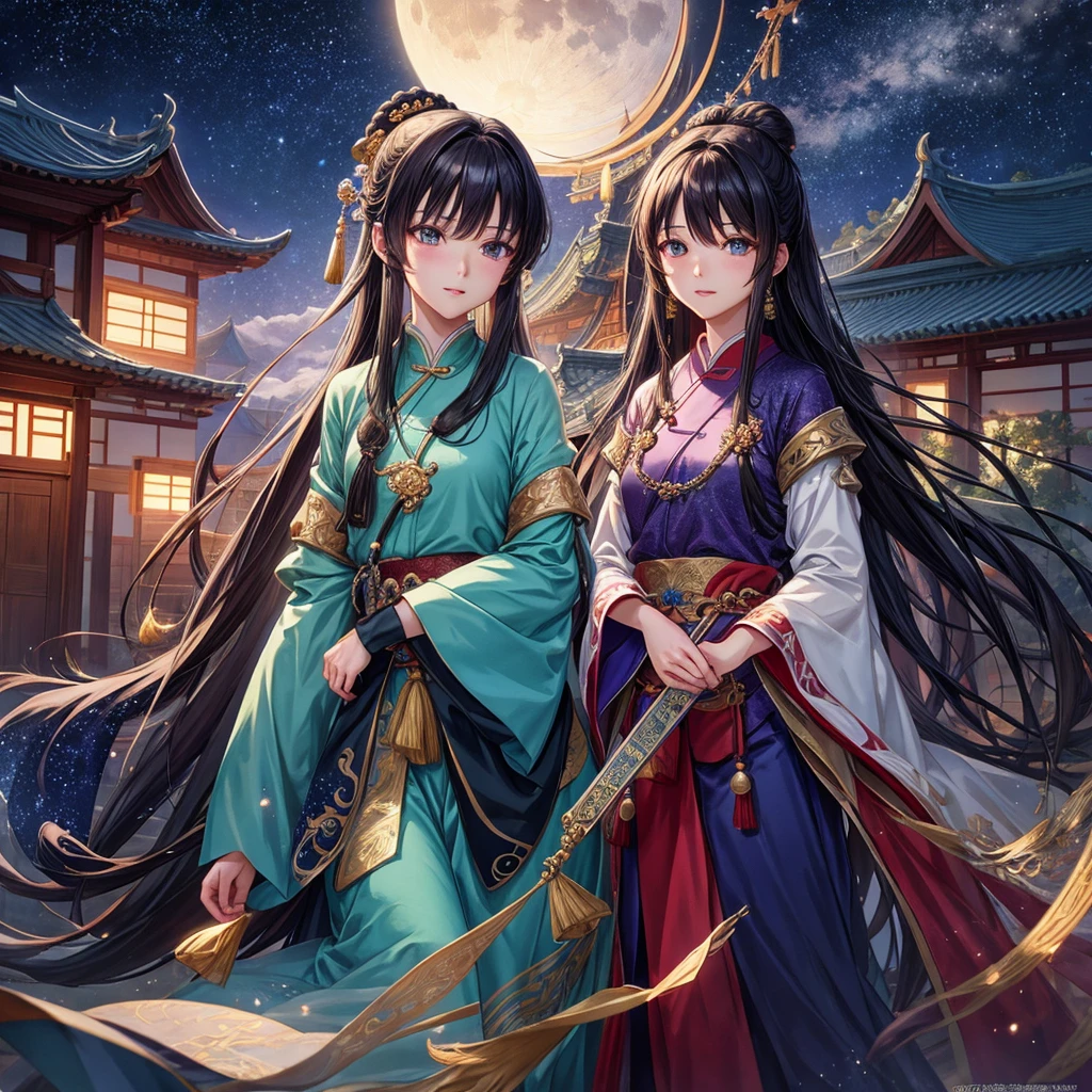 In a painting of Jiangtianxingyue，A highly concentrated beauty, Concept art inspired by Tosa Mitsuka, Pixiv competition winner, best quality, Fantasy Art, Beautiful anime scene, A bright moon, Starry Sky environment in the moonlight, dream, Anime Background art, Dream landscape painting, A wonderful night, Anime Background, Background artwork, Wonderful Art, Atmospheric animation, Starry Sky, Detail Enhancement.  
