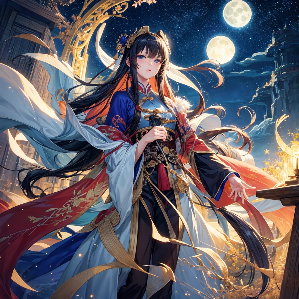 In a painting of Jiangtianxingyue,A highly concentrated beauty, Concept art inspired by Tosa Mitsuka, Pixiv competition winner, best quality, Fantasy Art, Beautiful anime scene, A bright moon, Starry Sky environment in the moonlight, dream, Anime Background art, Dream landscape painting, A wonderful night, Anime Background, Background artwork, Wonderful Art, Atmospheric animation, Starry Sky, Detail Enhancement.