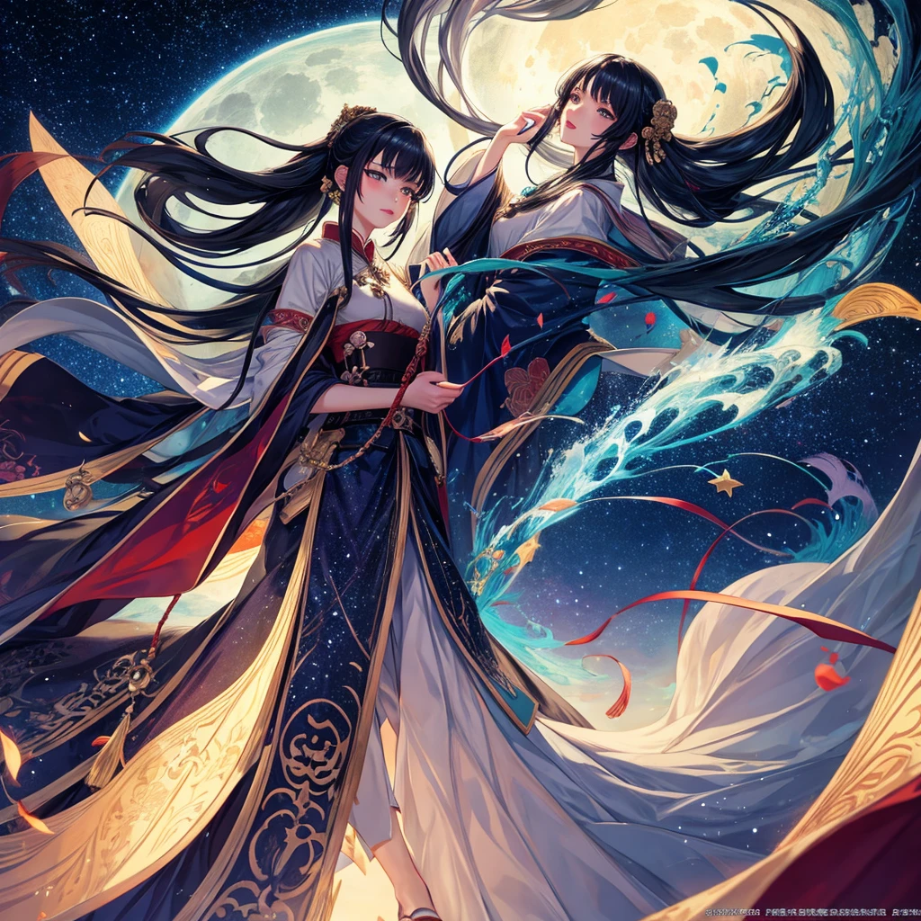 In a painting of Jiangtianxingyue,A highly concentrated beauty, Concept art inspired by Tosa Mitsuka, Pixiv competition winner, best quality, Fantasy Art, Beautiful anime scene, A bright moon, Starry Sky environment in the moonlight, dream, Anime Background art, Dream landscape painting, A wonderful night, Anime Background, Background artwork, Wonderful Art, Atmospheric animation, Starry Sky, Detail Enhancement.