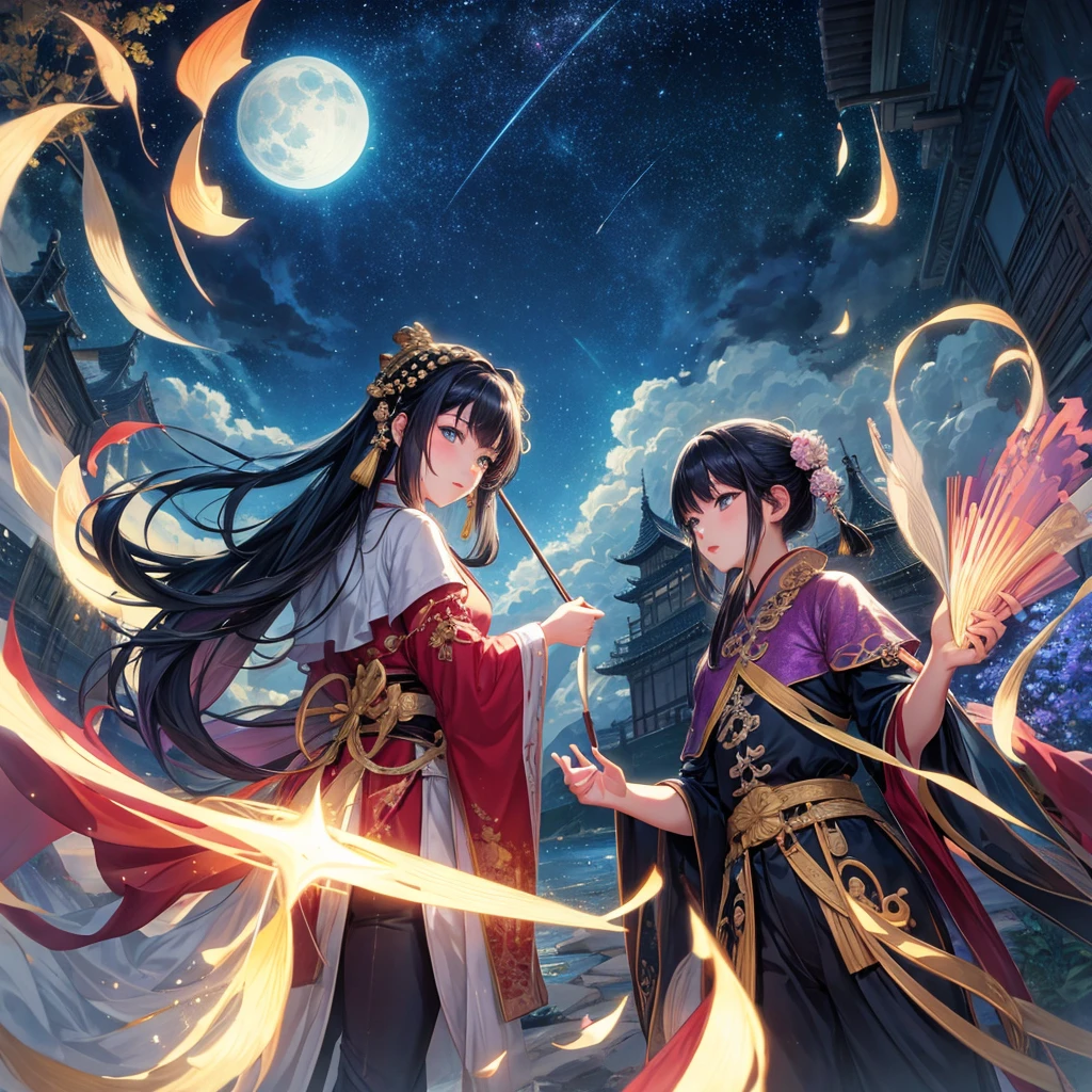 In a painting of Jiangtianxingyue，A highly concentrated beauty, Concept art inspired by Tosa Mitsuka, Pixiv competition winner, best quality, Fantasy Art, Beautiful anime scene, A bright moon, Starry Sky environment in the moonlight, dream, Anime Background art, Dream landscape painting, A wonderful night, Anime Background, Background artwork, Wonderful Art, Atmospheric animation, Starry Sky, Detail Enhancement.  