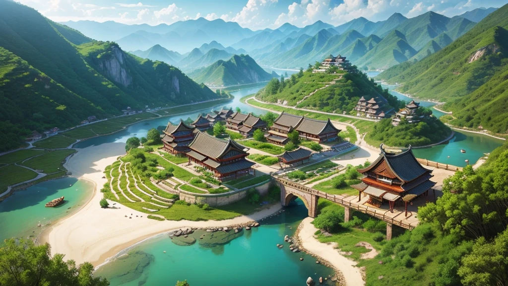 Beautiful scenery of ancient Chinese village. Aerial view, Photorealistic photos, High definition.
