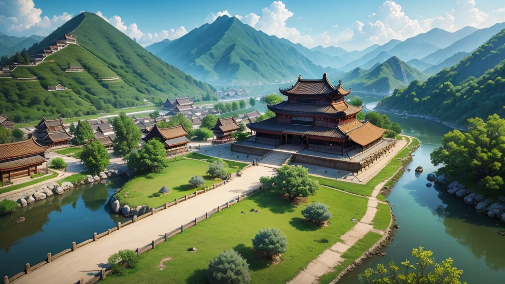 Beautiful scenery of ancient Chinese village. Aerial view, Photorealistic photos, High definition.