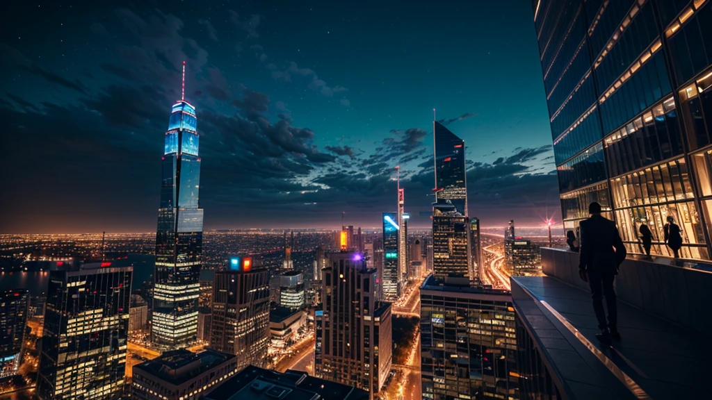 (a long skyscaper), it is nght time, cinematic city lights, rich people entering the skyscaper, ultra realistic