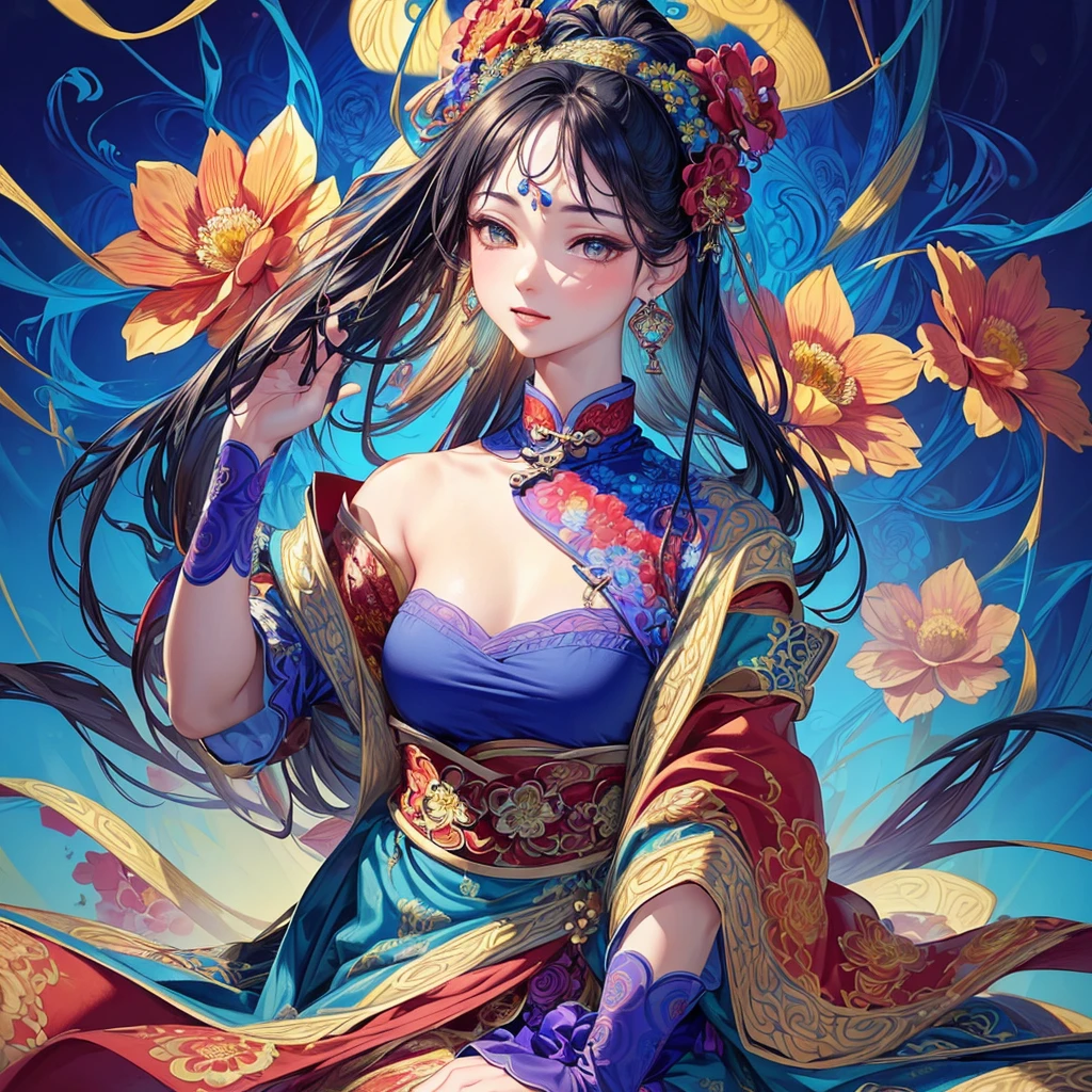 (masterpiece, Top quality, best quality, Official Art, beautiful and aesthetic:1.2), (1 Girl:1.3), Extremely detailed,(Fractal Art:1.1),(rich and colorful:1.1)(Flowers:1.3),The most detailed,(tangled:1.2), (Dynamic poses), (Blue Background:1.3), (Traditional Chinese cloth:1.2), (Glowing skin), (Many colors:1.4), ,(earrings:1.4),