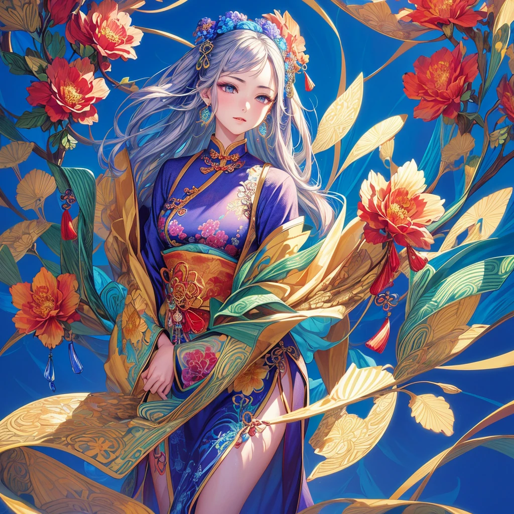 (masterpiece, Top quality, best quality, Official Art, beautiful and aesthetic:1.2), (1 Girl:1.3), Extremely detailed,(Fractal Art:1.1),(rich and colorful:1.1)(Flowers:1.3),The most detailed,(tangled:1.2), (Dynamic poses), (Blue Background:1.3), (Traditional Chinese cloth:1.2), (Glowing skin), (Many colors:1.4), ,(earrings:1.4),