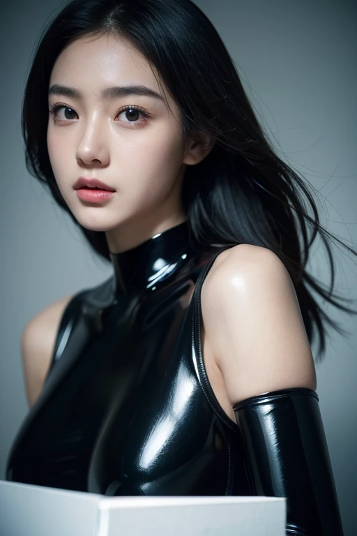 (RAW Photos:1.2)、Highest quality、Beautiful detailed girl、Tight black bodysuit、Black Latex Bodysuit, Laughter、Highly detailed eyes and face、Beautiful and detailed、Large file size、High resolution、High resolution、More about 8k wallpaper、Highly detailed Ticker uniform 8K wallpaper、Light on the face、Cinema Lighting、18-year-old girl、Sexy pose、(Photorealism:1.4)、Consciousness upward、Surrealism、 From below、Super detailed、masterpiece