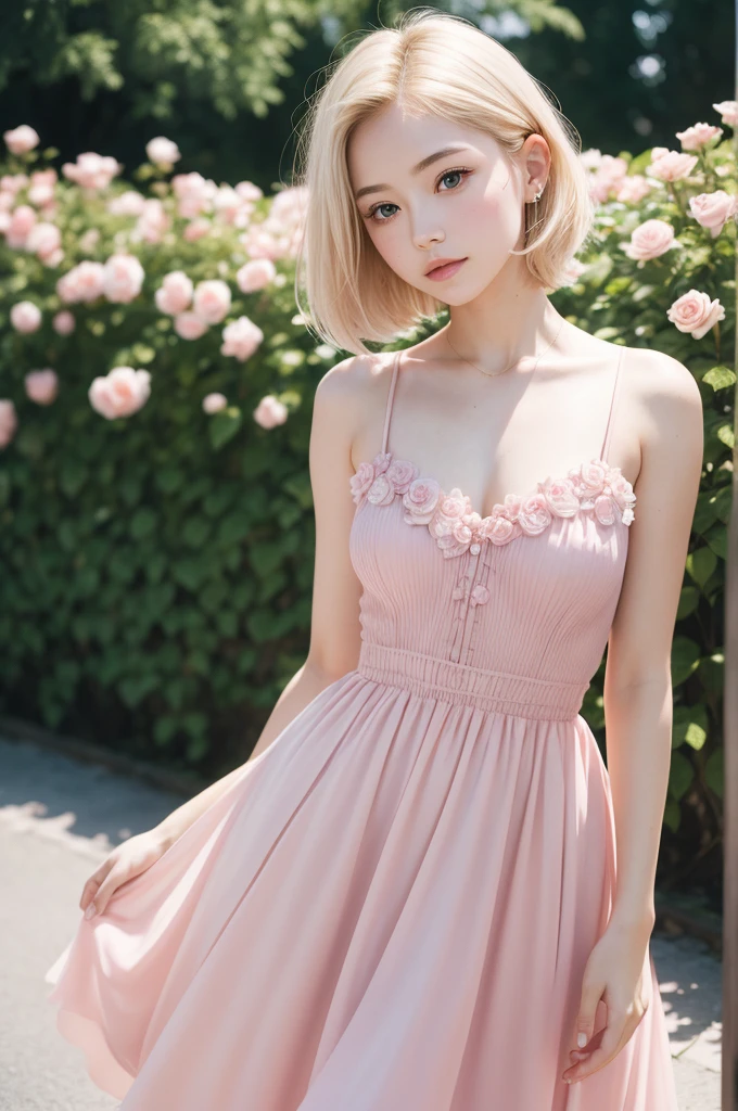 8K, CRU photo, Fujifilm, style photo of a beautiful young woman like Avril in a light pink rose garden (highly detailed skin: 1.2) Style-Petal BREAK short hair, blonde hair with colored highlights, wearing a dress, film grain, 35mm, cute style