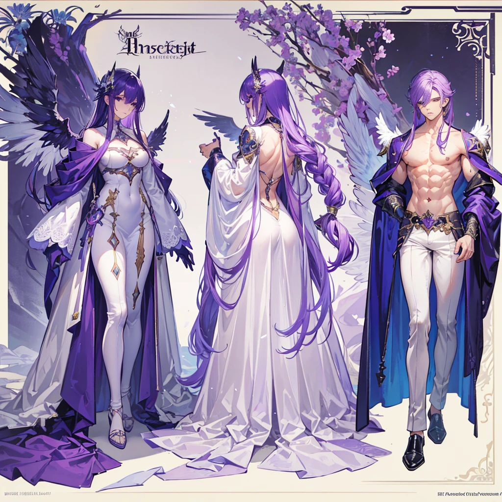 (Masterpiece, best quality), detailed, 1 man, ((character concept art)), ((character design sheet, same character, front, side, back)), full body, body complete, 1 Male angel, 1 Man angel, Detailed face, character design sheet,full bodyesbian, Highly detailed, character sheet, character design, Many parts, dark skin, angel wings, long purple hair, angel outfit, muscle male god, male clothes, masculine, muscle man, male muscle, manly, male angel, Muscle male with long long purple hair,beautiful man, beautiful muscle man, abs, pectoral muscle