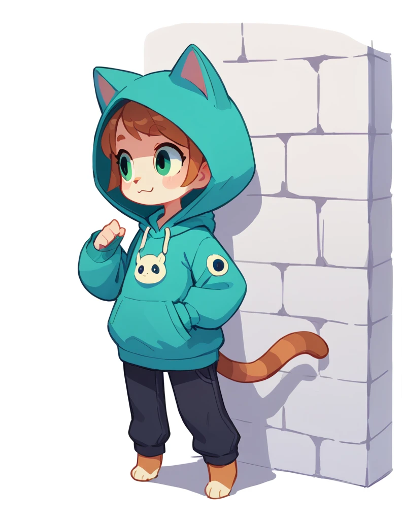 The Q version of the cute cat, spying behind a wall, sirprised expresión, cute, white background, hoodie, full body