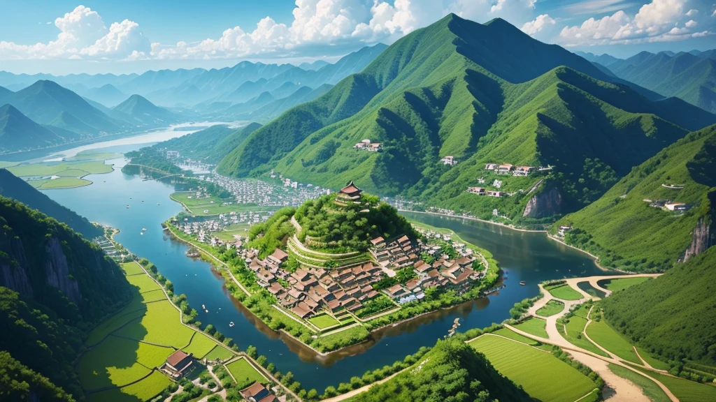 Beautiful scenery of ancient Chinese village. Aerial view, Photorealistic photos, High definition.