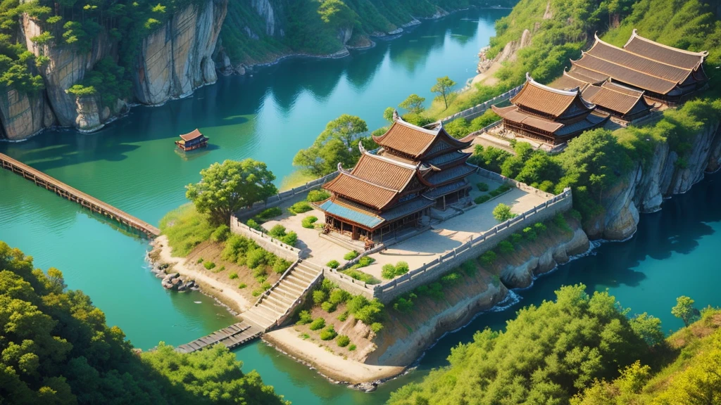 Beautiful scenery of ancient Chinese village. Aerial view, Photorealistic photos, High definition.