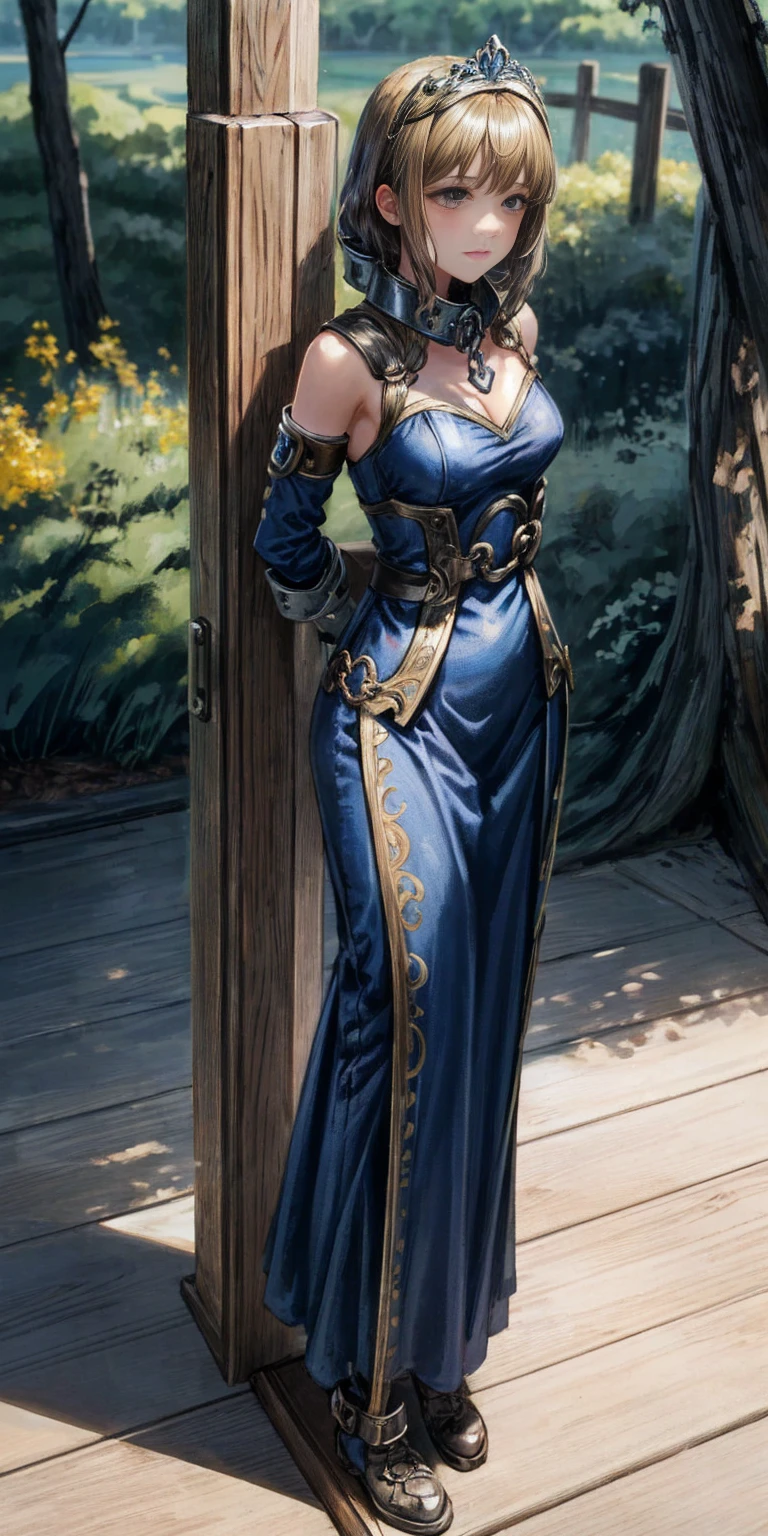(Masterpiece, best quality, intricate details, 1sologirl) iron collar, arms behind back, iron cuffs, shackles, bound ((standing by wooden pole:1.2)) looking from above happy closed mouth ((Cassia Orsellio))