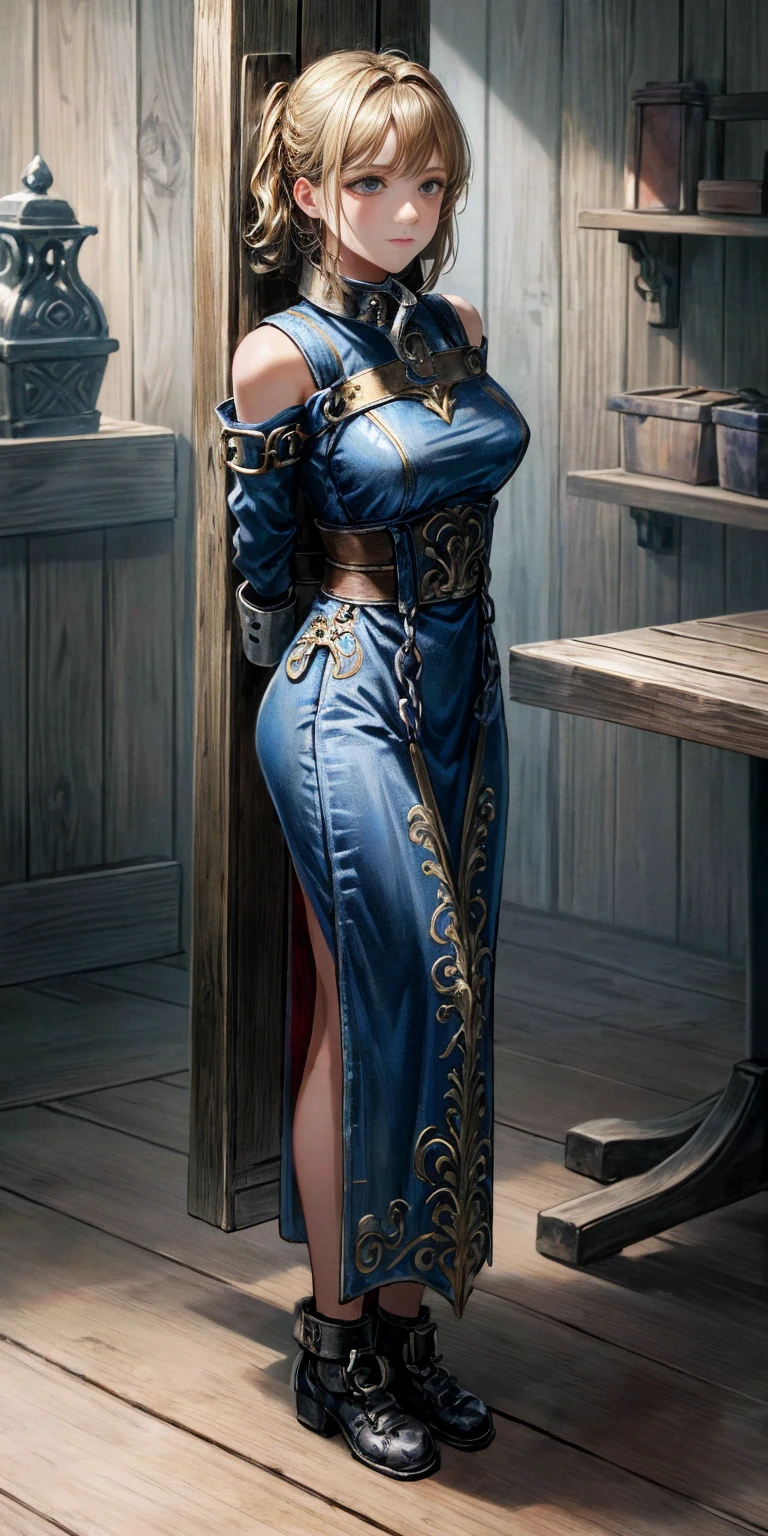 (Masterpiece, best quality, intricate details, 1sologirl) iron collar, arms behind back, iron cuffs, shackles, bound ((standing by wooden pole:1.2)) looking from above happy closed mouth ((Cassia Orsellio))