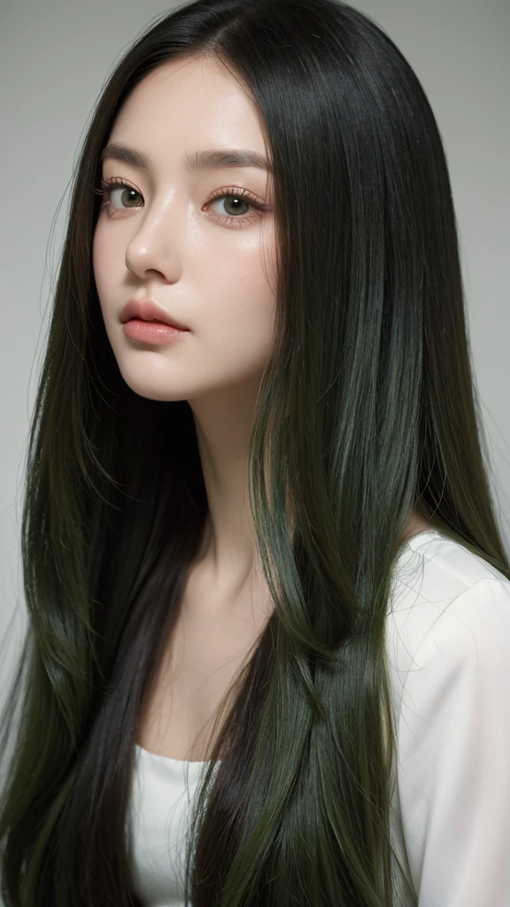 Portrait of a European woman with highly detailed facial features, captivating eyes, an oval face, and long sleek hair framing her face. Her hair is entirely green, and she has a flawless complexion, with a very charming wistful charm, her expression imbued with a profound sadness