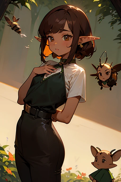 BROWN SKIN ELFA shoulder length brown hair with straight bangs, chubby build little chest, Dressed in black dress pants, apple green estraple blouse with piercings in the ears with bees around ((Elf's ears))