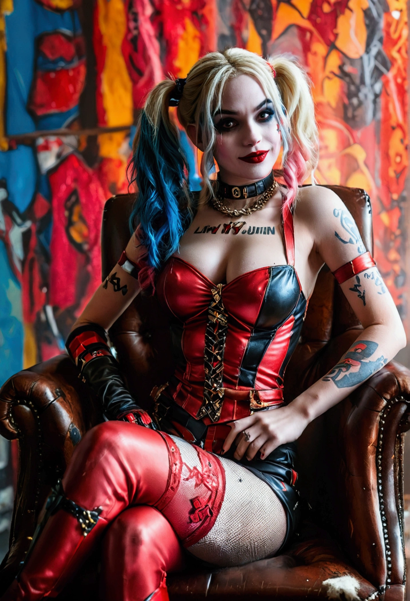 Harley Quinn (crazy make up, sexy small outfit, guns, pet hyenas), is posing crazy and sexy near her Joker themed throne in a 'Fun House of Death'
