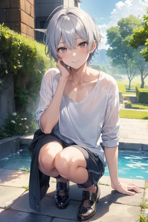 Kimishima Ikuto、、（1:boy)、(Hairstyle:Silver short hair,Silver Hair、Wet Hair)、Slanted Eyes、Brown eyes、Perfect Anatomy、Leaning forward、Ass、Smiling at the viewer、Provocative smile