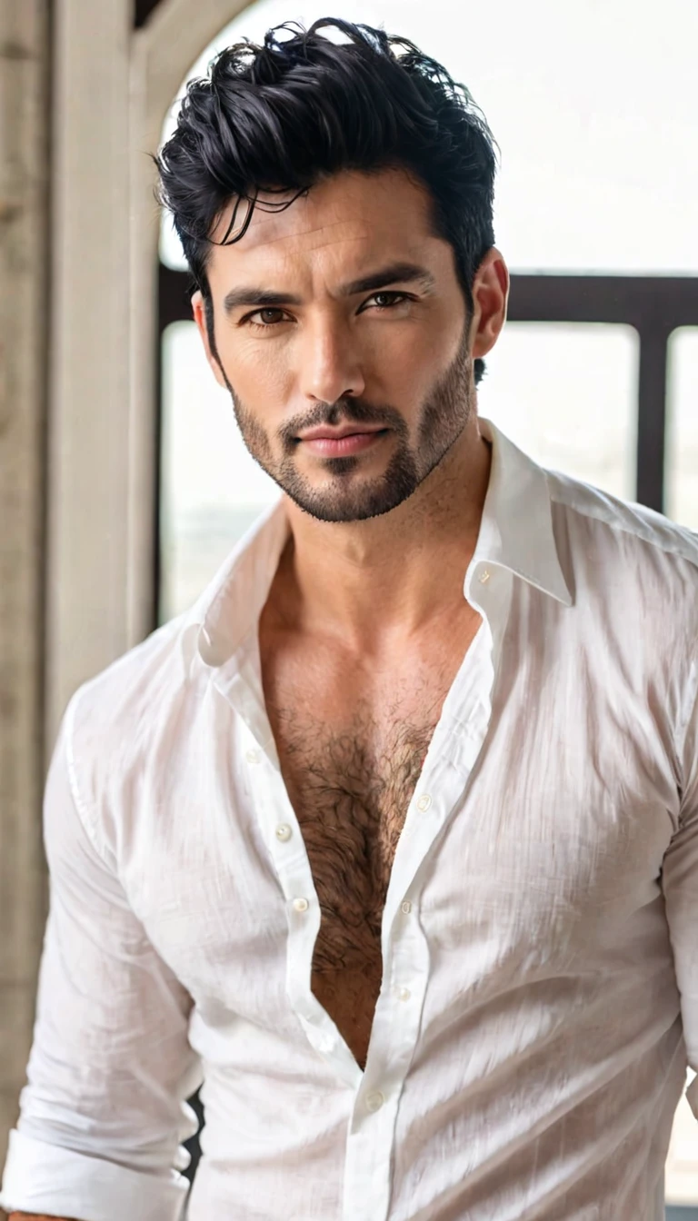 A handsome man with black hair wearing a white shirt showing his hairy chest 