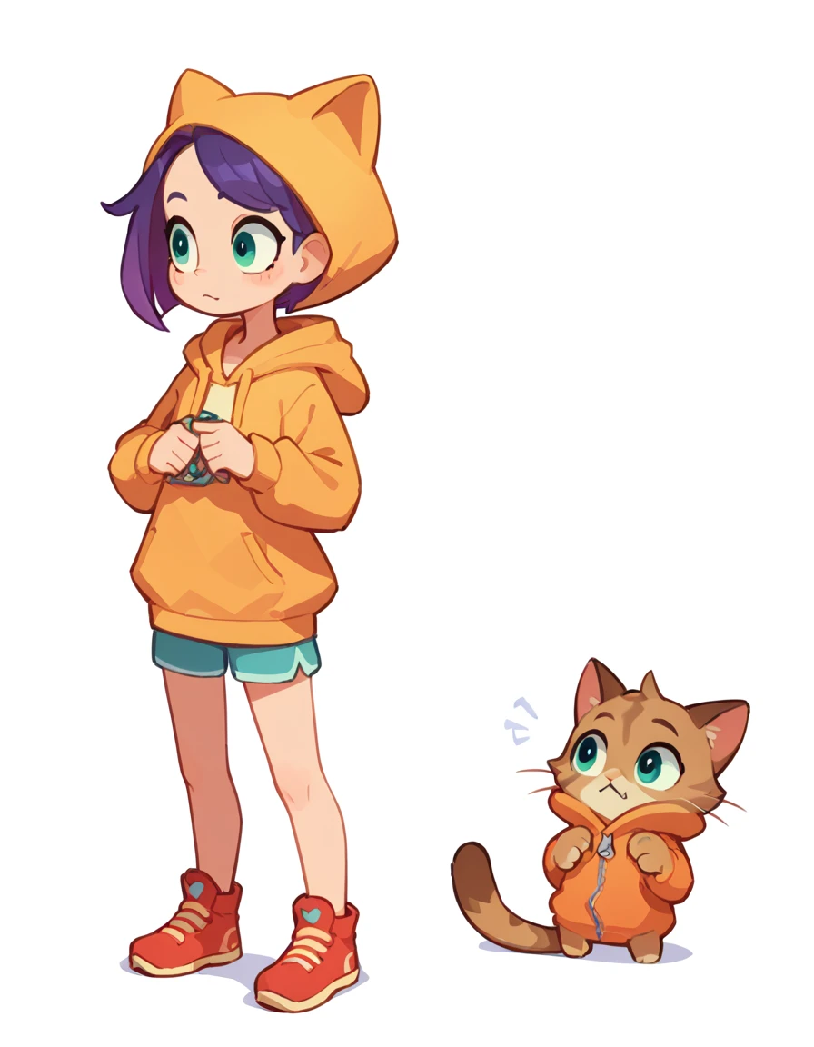 The Q version of the cute cat, spying, sneaking, sirprised expresión, cute, white background, hoodie, full body