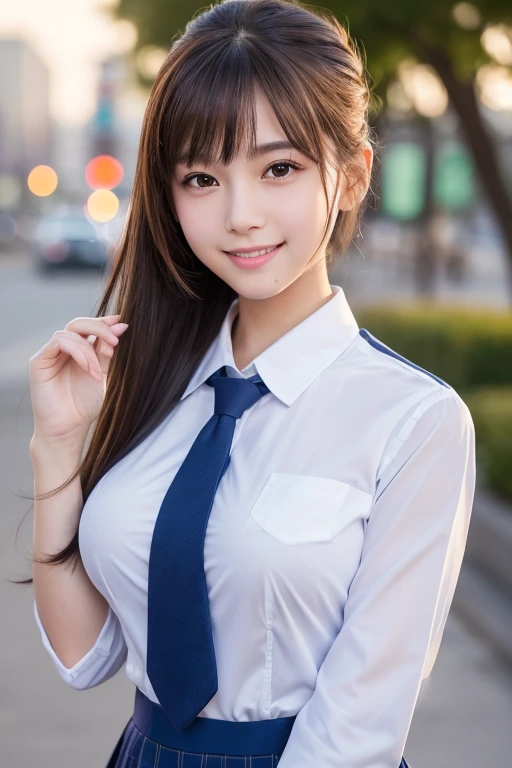 ((masterpiece, Best Quality)), ((A high resolution)), (photograph realistic), Best Shadow, high detailing, Very detailed, (nice hand, Perfect hands), (Face Focus:1.2), ((1girl in)), Beautiful Girl, 18 years old, Brown eyes, (brown ponytail hair 1.5), (big breasts:1.3), (smile:1.3), Glossy white skin, (view from front:1.3), (Very slender:1.3), (Cute face:1.3), (look at viewer:1.4), Kawaii face, thin lips, detailed facial features, Crisp focus, perfect beautiful body and face, Cute childish face, Perfectly focused, (school uniform:1.2), Long bangs, in the twilight city, (cowboy shot:1.2), japanese famous idol, (Standing:1.3)