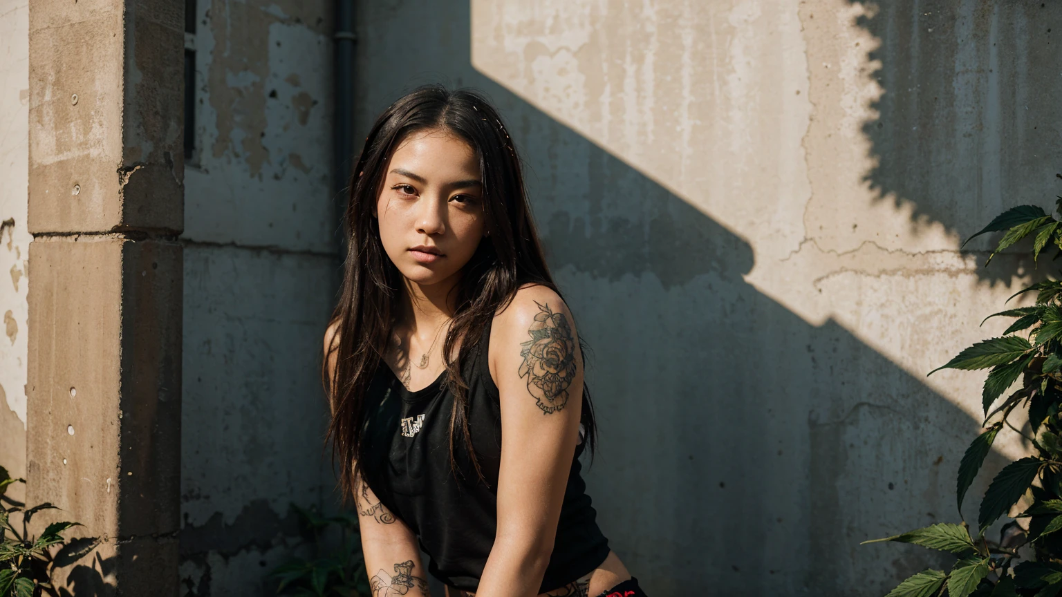 stylized artwork of soft filter. grunge filter. photorealistic. 8k. cinematic, very high resolution. maximum resolution. ultra realistic. unique beautiful face, realistic face, retro grunge photo ascetic. grunge city wall graffiti., full-body-tattooed. black-dreadlocks teen cute sexy asian girl, in marijuana plants buds crop, skimpy small red gym outfit. sunset