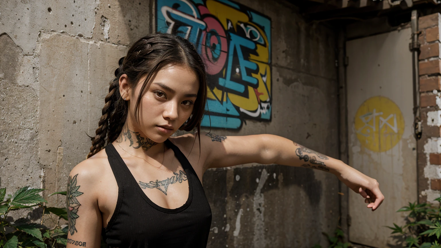 stylized artwork of soft filter. grunge filter. photorealistic. 8k. cinematic, very high resolution. maximum resolution. ultra realistic. unique beautiful face, realistic face, retro grunge photo ascetic. grunge city wall graffiti., full-body-tattooed. black-dreadlocks teen cute sexy asian girl, in marijuana plants buds crop, skimpy small red gym outfit. sunset
