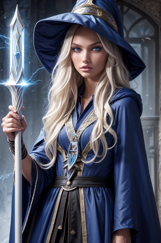  Romee Strijd dark elf mage, ultra-detailed face, ultra detailed blue eyes, long platinum blonde wavy messy hair, (wizard hat, wizard robes, cloak, staff, lightning), (((masterpiece)))