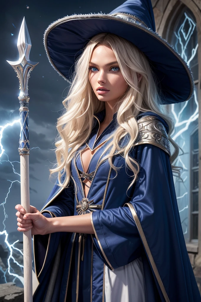 Romee Strijd dark elf mage, ((ultra-detailed face)), ultra detailed blue eyes, long platinum blonde wavy messy hair, (wizard hat, wizard robes, staff, lightning), (((masterpiece)))