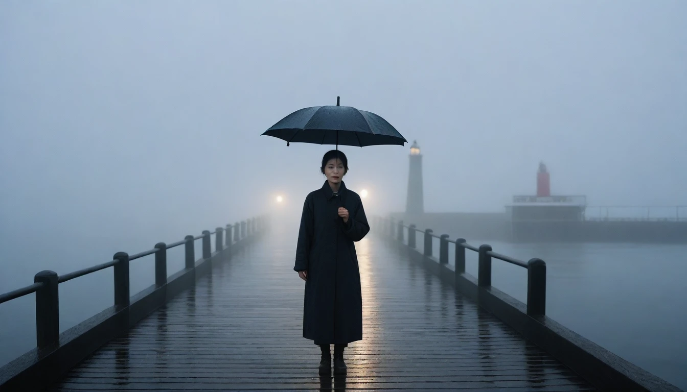 1 36-year-old Korean woman, alone, rain, Fog, cold, boring, , pier, Only, lighthouse, Coast, The dim light shines in the Fog,and the figure stands in the Fog holding an umbrella, (명암대rain, cinematic lighting, shadow, film grain, anatomically correct, accurate, Awards, 8K) realistic photo