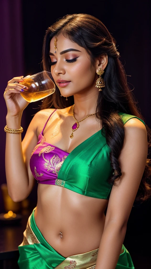 a young woman with long hair, wearing an Indian saree. She is standing against a solid, neon violet background. The woman has visible makeup on, including well-defined eyeliner, eyeshadow, and lipstick. She is holding a glass of water and pouring it over her face, creating droplets in the air. Her eyes are closed, and she has a relaxed, content expression on her face. The lighting should be bright, emphasizing the glow on her skin