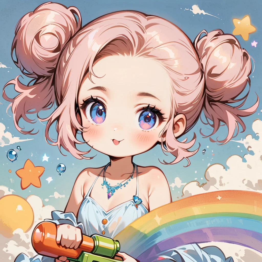 Girl with pale pink hair、Forehead exposed and bun hairstyle、Paint a rainbow on a blue sky background、Play with a water gun、Cartoon style character design,interesting,interesting,Clean Lines