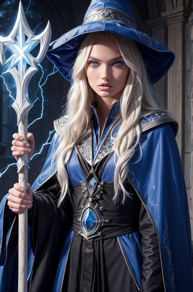 Romee Strijd dark elf mage, ultra-detailed face, ultra detailed blue eyes, long platinum blonde wavy messy hair, (wizard hat, wizard robes, cloak, staff, lightning), (((masterpiece)))