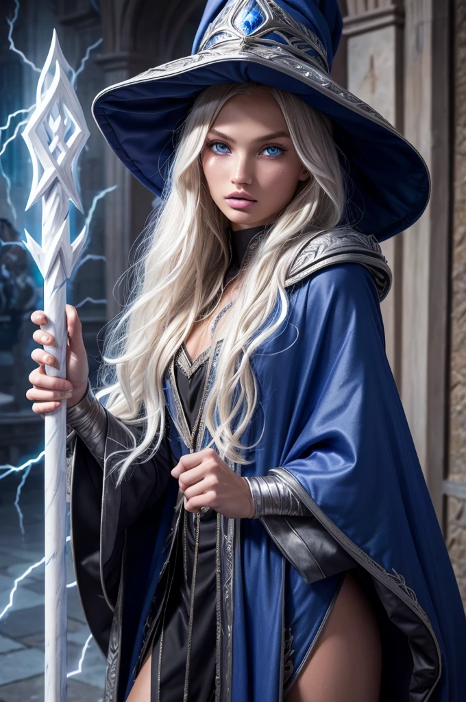 16 year old Romee Strijd dark elf mage, ultra-detailed face, ultra detailed blue eyes, long platinum blonde wavy messy hair, (wizard hat, wizard robes, cloak, staff, lightning), (((masterpiece)))