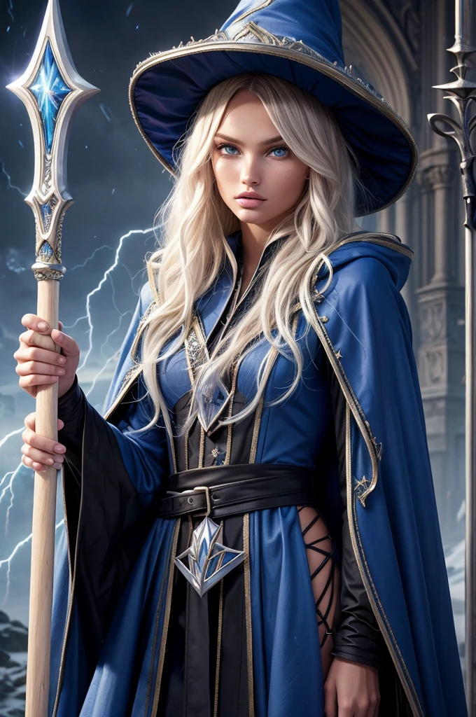 16 year old Romee Strijd dark elf mage, ultra-detailed face, ultra detailed blue eyes, long platinum blonde wavy messy hair, (wizard hat, wizard robes, cloak, staff, lightning), (((masterpiece)))