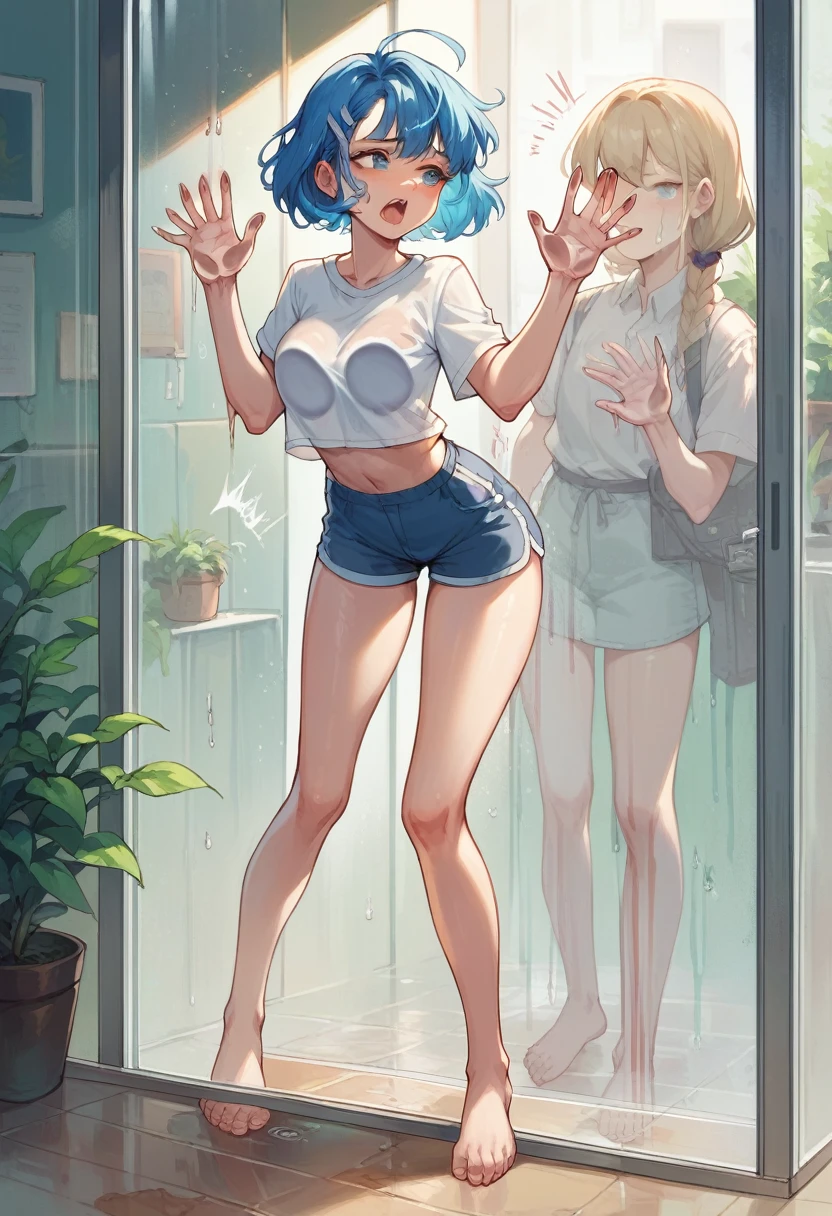 a woman, head on, blue hair, being pressed by a transparent glass, slap, breasts, Thighs, being pressed by the transparent glass, bare legs, barefoot, clear glass pressure