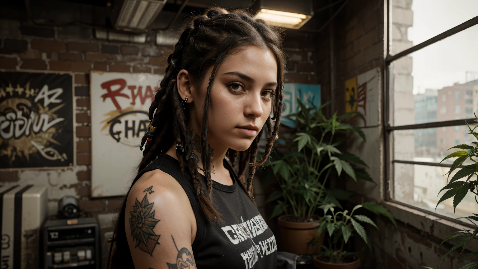 stylized artwork of soft filter. grunge filter. photorealistic. 8k. cinematic, very high resolution. maximum resolution. ultra realistic. unique beautiful face, realistic face, retro grunge photo ascetic. grunge city graffiti , sexy tattooed black-dreadlocks teen cute sexy girls, in marijuana plants buds crop, red gym outfit
