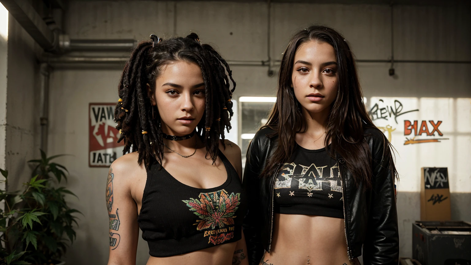 stylized artwork of soft filter. grunge filter. photorealistic. 8k. cinematic, very high resolution. maximum resolution. ultra realistic. unique beautiful face, realistic face, retro grunge photo ascetic. grunge city graffiti , sexy tattooed black-dreadlocks cute sexy girls, in marijuana plants buds crop, red gym outfit