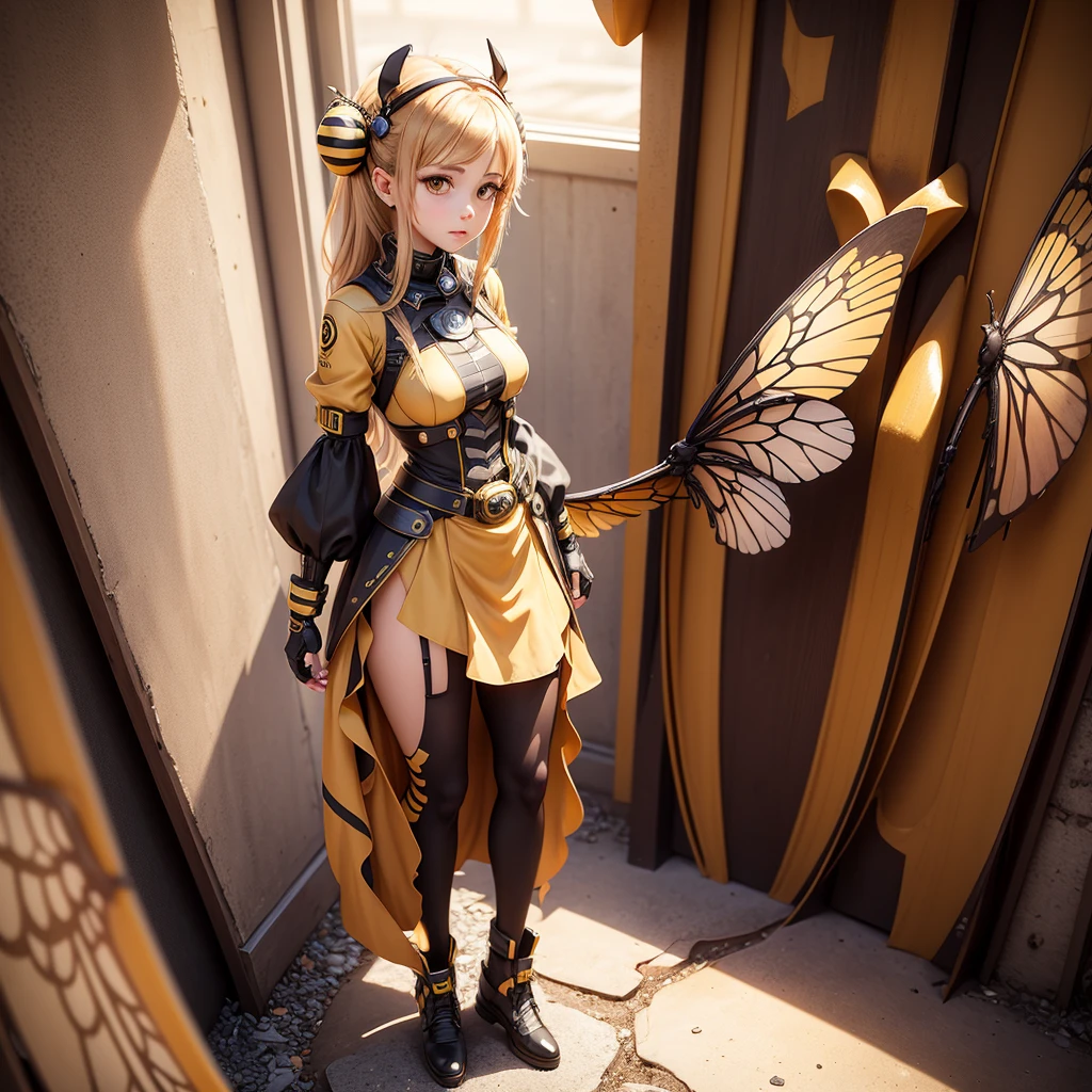 1girl, bee girl,  waist height photo, full body, bee wings, anime style, digital art, an album cover, fine art, HDR, 8k