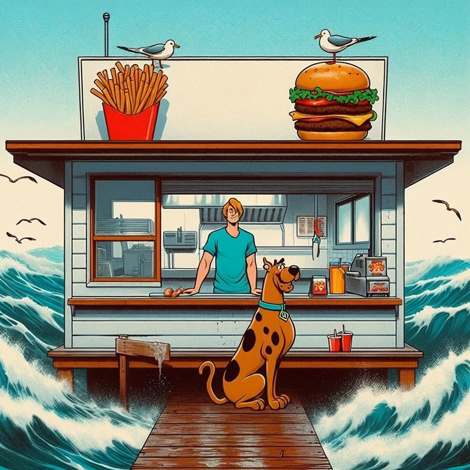 Scooby Doo distinct to original cartoon, ocean front fast food shack, operated by Scooby Doo and Shaggy, waves, sea breeze, seagulls,  The scene is minimal, serene, perfect, strange, candid, cinematic, surreal, and timeless. The hamburger grill is lost in space, standing against a blank canvas. The style is a mix of realism and cartoon, with 90s comic aesthetics, expressive ink work, cinematic compositions, and nuanced details. The style is reminiscent of Joelle Jones and 90's scooby doo animated tv show, shaggy wearing tropical green sweater, scooby doo distinct art style,

