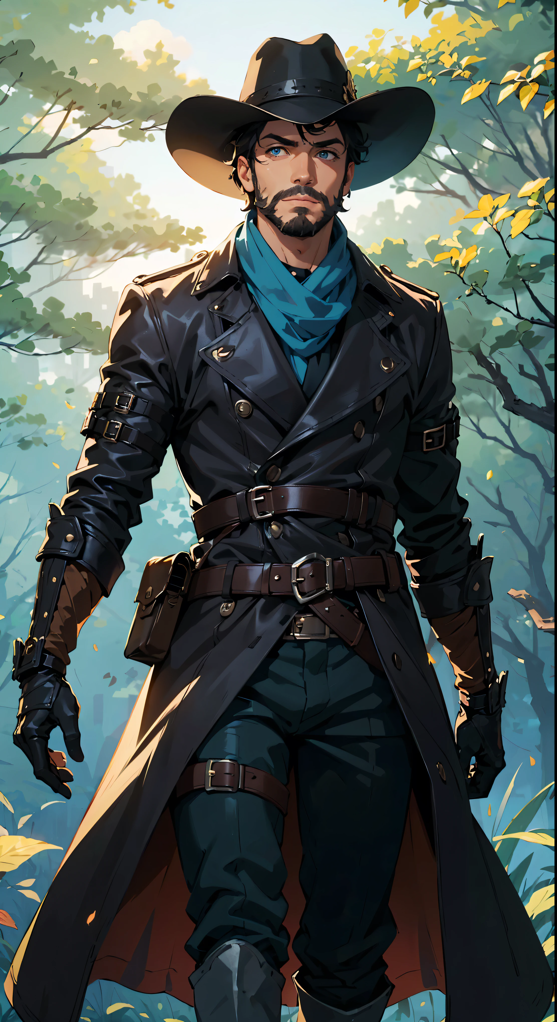 Masterpiece, best quality, 1_man, handsome, upper body, looking away from camera, intrigued expression, (smirk on face), black hair, medium hair length, blue eyes, scruffy beard, wearing leather body armor, dark pants, dark brown trench coat, black wide-brimmed hat, black gloves, one robotic arm, blue bandit scarf around neck, knee pads, tall leather boots, gears, belts, (forest), steampunk, Portrait, color difference, Depth of field, dramatic shadows, Ray tracing, Best quality, Cinematic lighting ,official art,