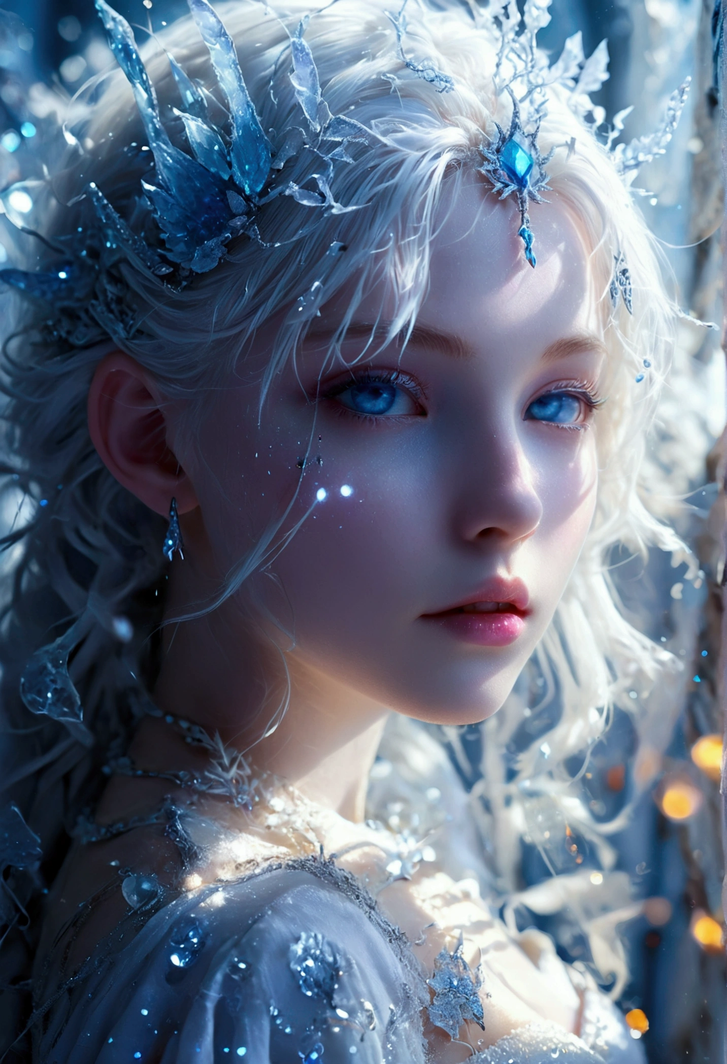 1 girl, purples eyes, White hair, pale skin, white clothes with light blue details, ice witch, Light particles, fullcolor, good lighting, wall-paper.