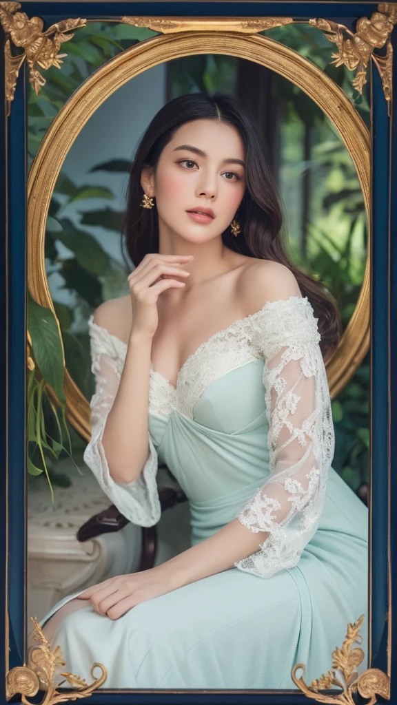 Art nouveau-style illustration featuring a young woman with fair skin and delicate facial features. She is seated gracefully within an oval frame, surrounded by lush foliage. The woman is dressed in a flowing, light-colored gown with puffed sleeves, and she has flowers adorning her hair. Her gaze is directed towards a butterfly, adding a sense of whimsy and tranquility to the scene. The background is a gradient of dark blue, creating a contrast with the lighter tones of the woman and the plants. Above the oval frame, the text 'lonely in spring' is written in a delicate, cursive font.